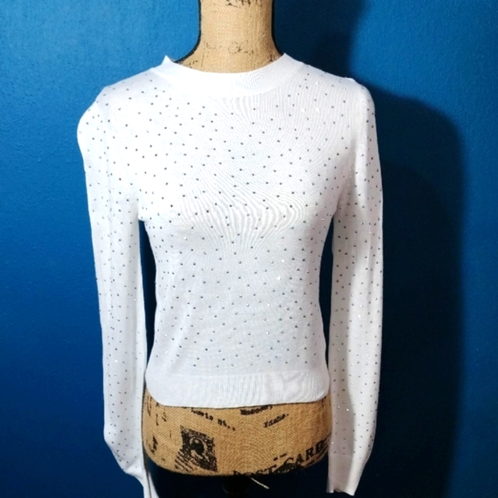 Love❤️Change White Rhinestone Long Sleeve Sweater. Made In Italy!